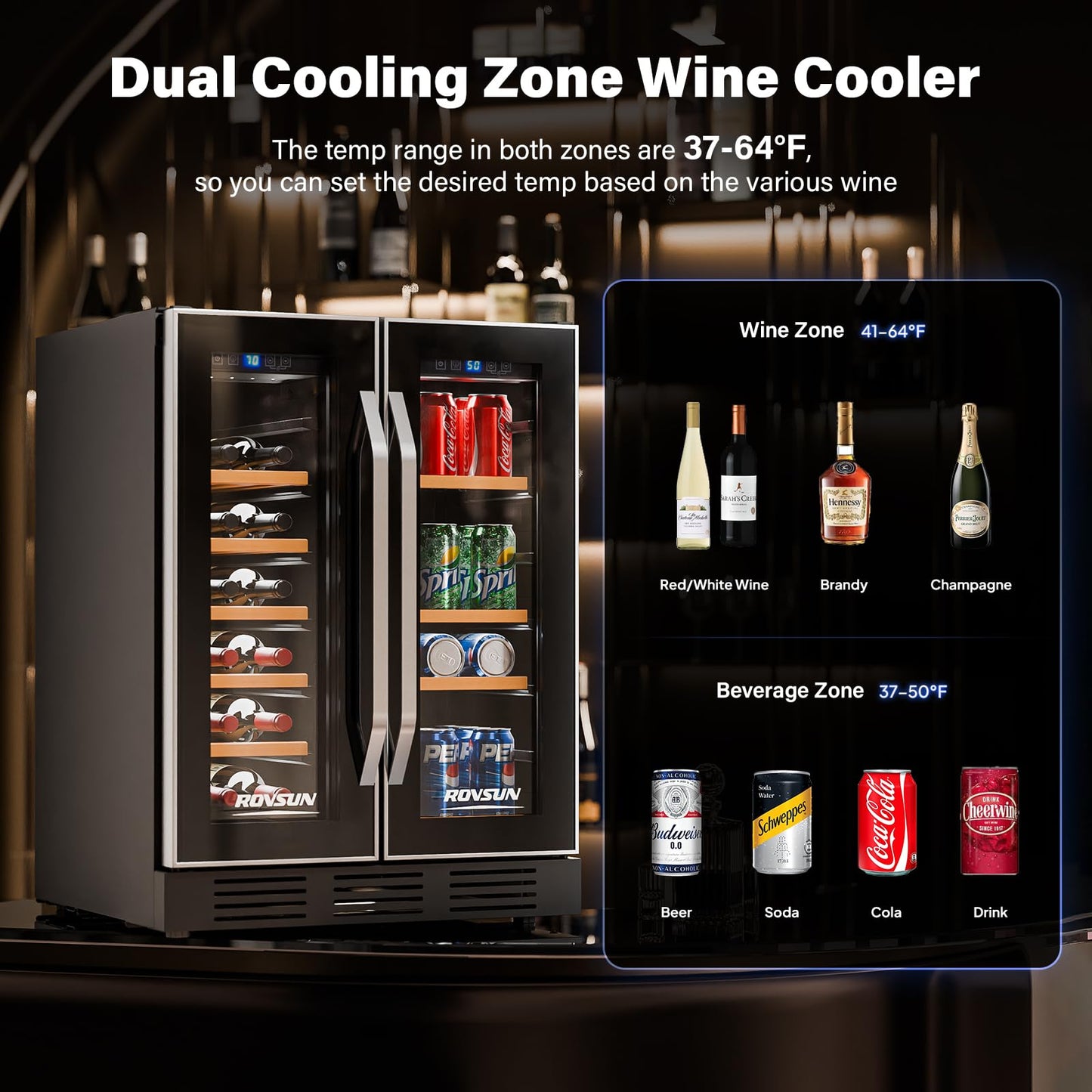 ROVSUN 24 Inch Dual Zone Wine and Beverage Refrigerator, Wine Fridge with Glass Door, Digital Temp Control, 34 Bottle Under Counter Beverage Fridge w/Large Capacity, Wine Cooler Chiller for Wine Beer