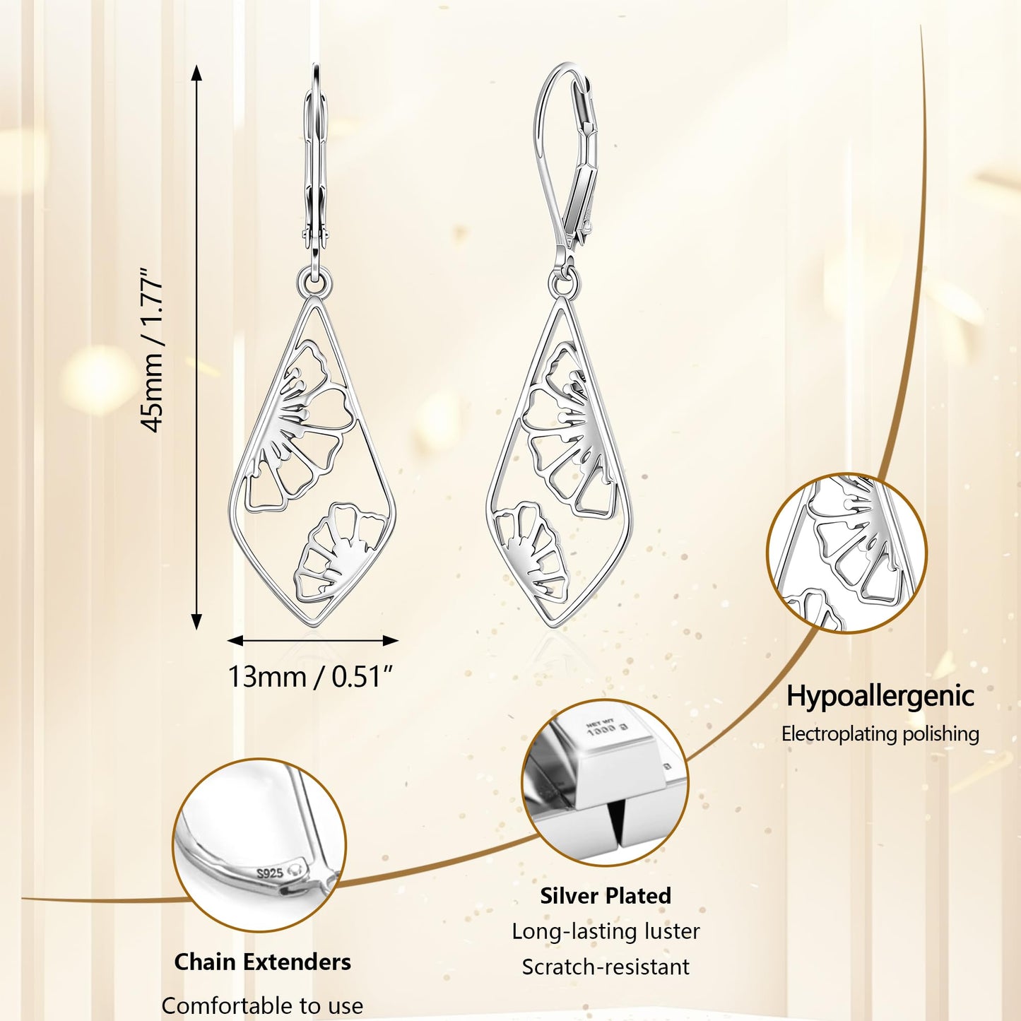 925 Sterling Silver Dangle Earrings Hypoallergenic Filigree Flower Double-Sided Carved Dangle Earring for Women Geometric Leverback Earring Lightweight Silver Drop Earings for Women Jewelry Gift