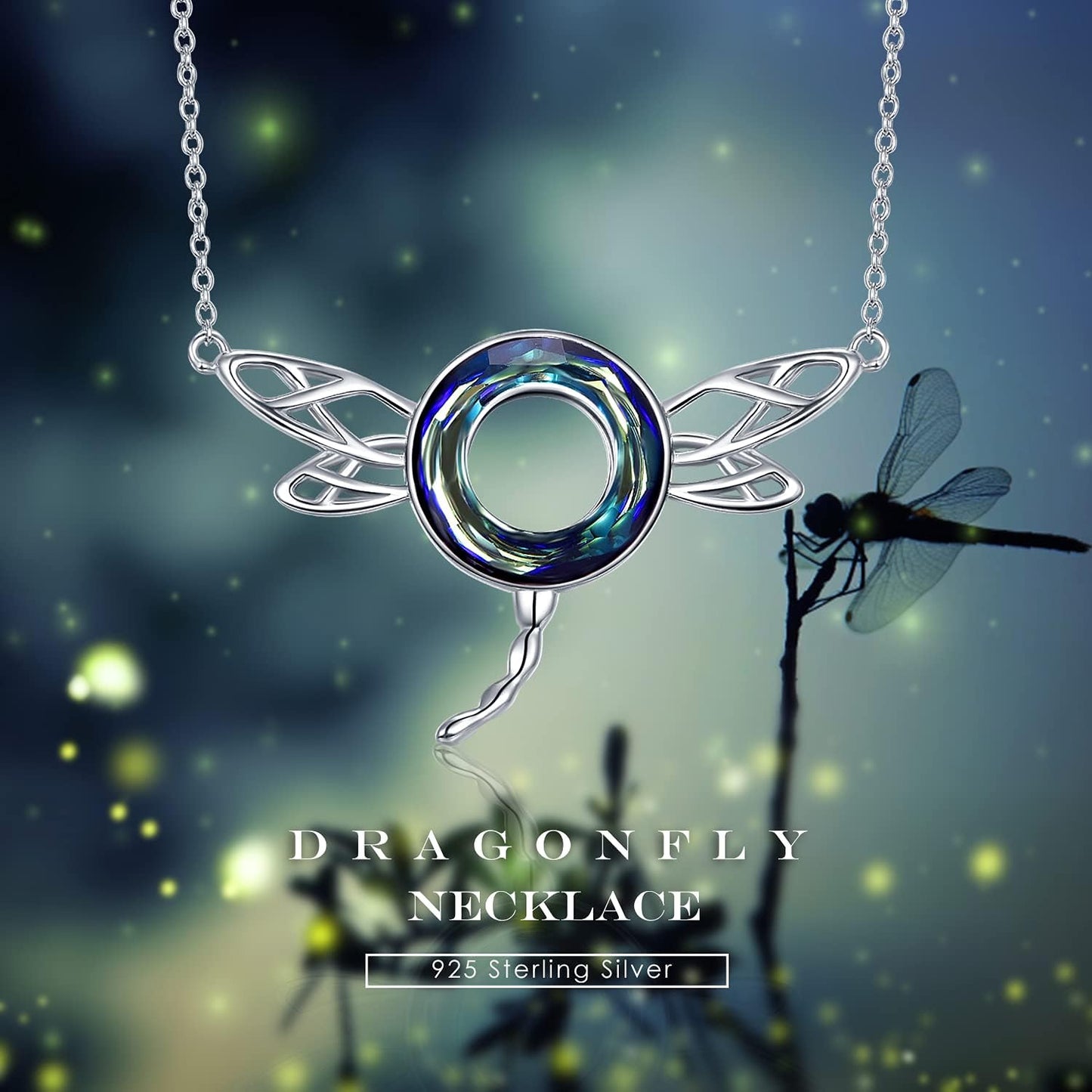 AENEAS Dragonfly Necklace 925 Sterling Silver Crystal Dragonfly Pendant Necklace with Blue Circle Insects Jewelry Gifts for Mom Wife Her
