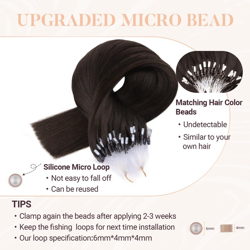 MAXITA Microlink Hair Extensions Human Hair Dark Brown Micro Bead Hair Extensions Real Human Hair, 50g/50 Strands/Pack, 16 In