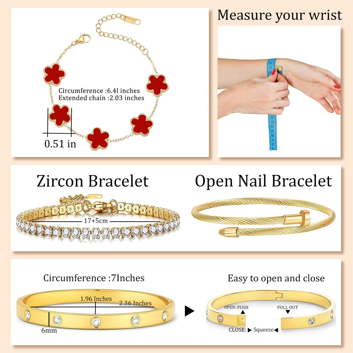 MEIERYA 18K Gold Plated Womens Stackable Floral Bracelets Set,Twisted Cable Bangle,Trendy Jewelry,Waterproof adjustable bracelet,Christmas Birthday Gifts for Girlfriend or Mother. (07-Color-red)