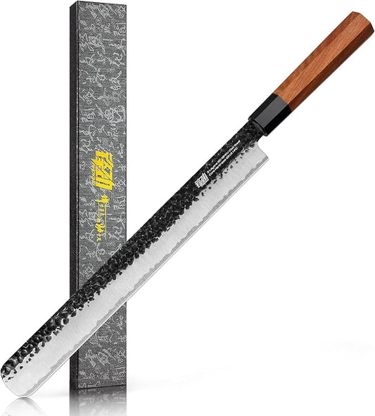 FINDKING Brisket Slicing Knife 12 Inch, Carving Knife for Meat, BBQ, Roasts, Turkey and Ham, High Carbon Steel Blade, African Rosewood Octagonal Handle, Dynasty Series