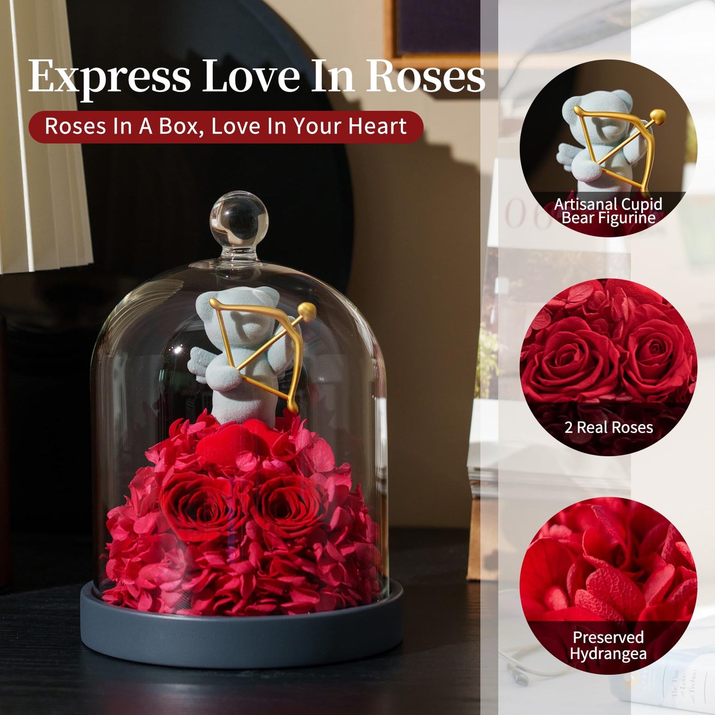 SEEROSE Preserved Roses in Glass with Cupid Rose Bear, Real Forever Rose with Elegant Gift Box, Cute Valentine's Day, Anniversary, Birthday Gift for Her Wife Girlfriend Mom (Cupid Bear, Red)