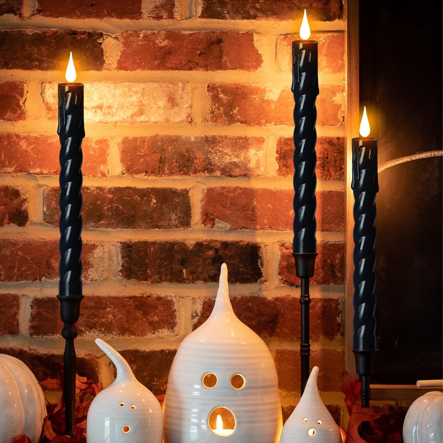 DRomance Flickering Flameless Taper Candles with Remote and Timer, 2 Pack Battery Operated LED Taper Candles 3D Wick Plastic Dripping Effect Dinner Halloween Indoor Decor(Black, 0.78" D x 9.65"" H)"