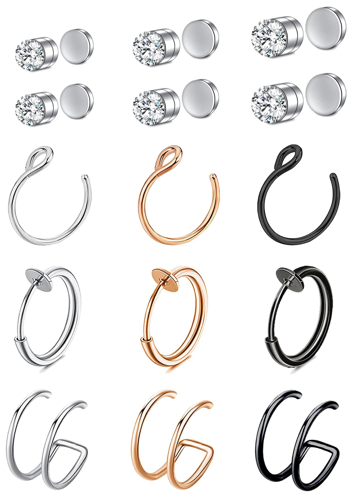 VitaCool Fake Nose Ring Hoop Fake Nose Stud Magnetic Septum Nose Ring Stud Stainless Steel CZ Piercing Faux Nose Ear Lip Non Pierced Jewelry for Women Men