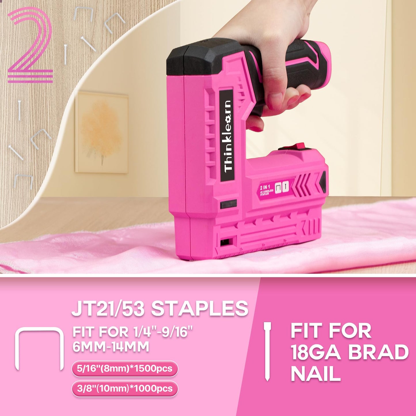 Pink Electric Staple Gun, 7PCS 2 in 1 Cordless Stapler Nail Gun Set with 3300pcs Staples Nails, 4V Brad Nailer Tacker for Upholstery, Wood, Carpentry, Crafts, DIY, Brad Nailer Kit with USB Charger
