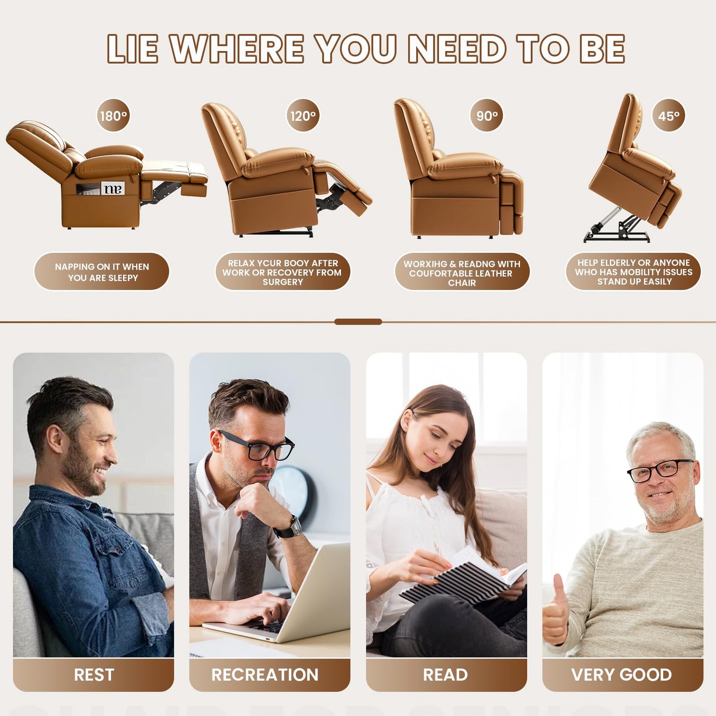 Couchus Large Dual Motor Power Lift Recliner Chair with Massage and Heat for Elderly People, Infinite Position,USB Ports and Remote Control,Breathable Leather (Yellow)