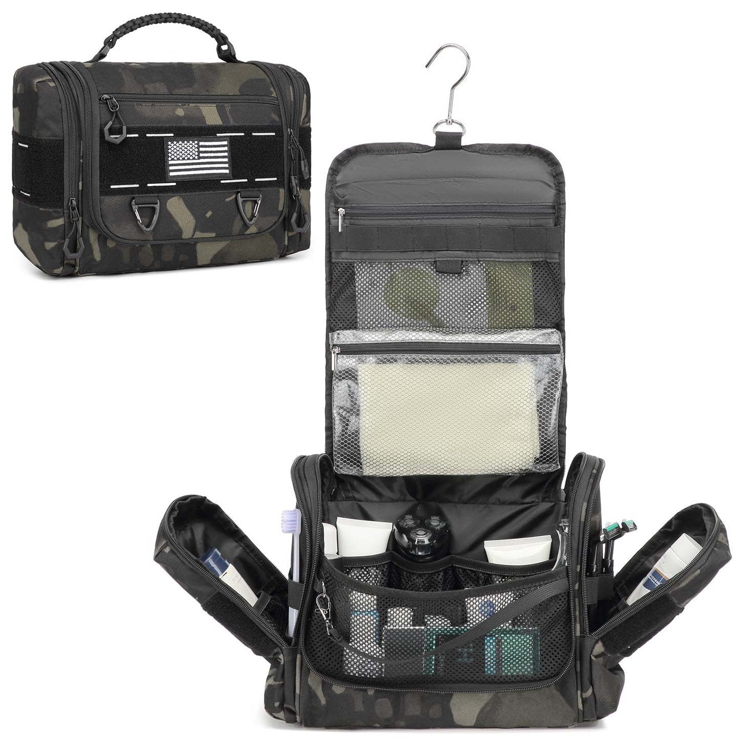 BISKLNDN Tactical Toiletry Bag for Men - Hanging Dropp Kit Mens Toiletry Travel Bag for Toiletries, Traveling & Shaving Kit, Hygiene Bag Shower Bathroom Organizer with Handle & Swivel Hook, Black CM