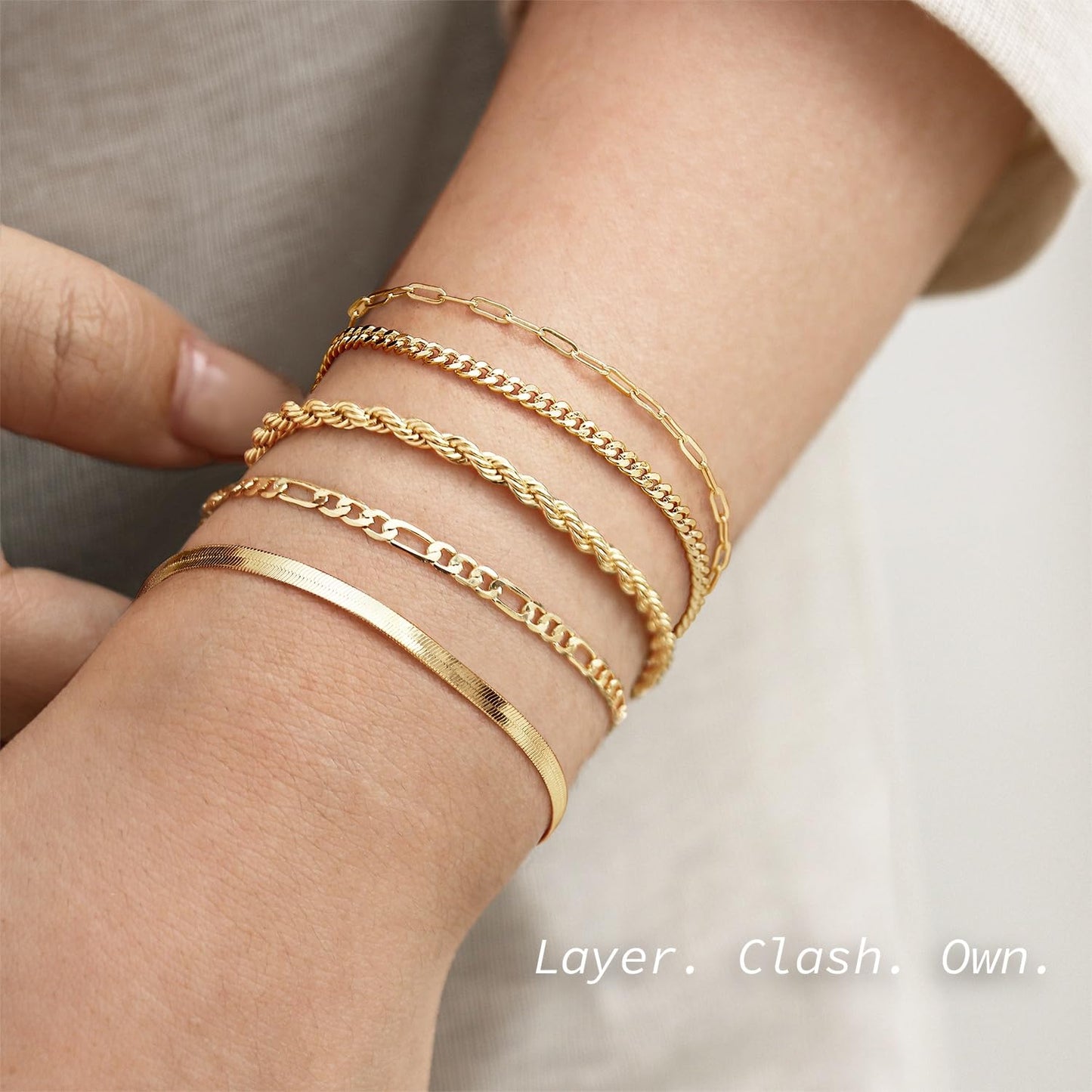 Krfy 5Pcs Gold Plated Bracelets for Women Trendy, Bracelet Stack Non Tarnish Waterproof Bracelets for Women Fashion Accessories with Paperclip Herringbone Figaro Cuban Twist Chains