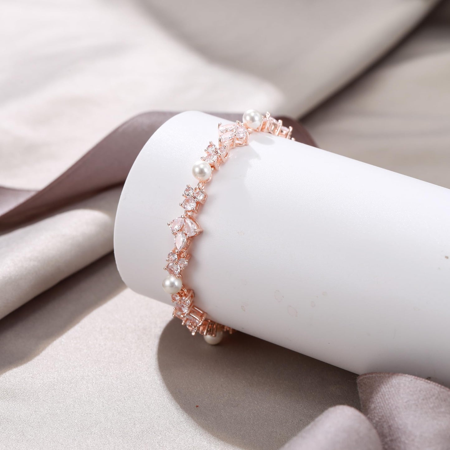 EVER FAITH Faux Pearl Wedding Jewelry for Bride Bridesmaid, Gorgeous Pear Shaped Cubic Zirconia Rose Gold-Plated-Brass Cream Simulated Pearls Tennis Bracelet for Women