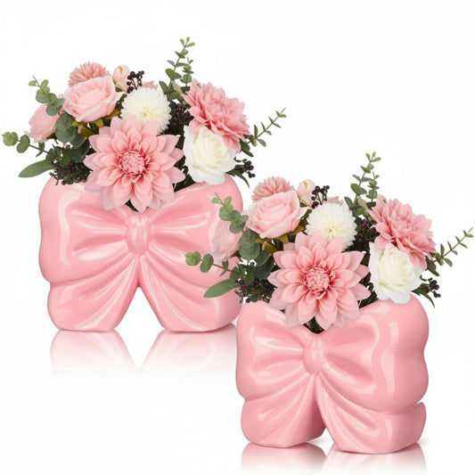 2 Pcs Coquette Bow Succulent Pots with Drainage Pink Bowtie Ceramic Planter Pots Plants Holder Bowtie Shaped Cactus Flower Container for Home and Office Desk Display Coquette Party Decoration