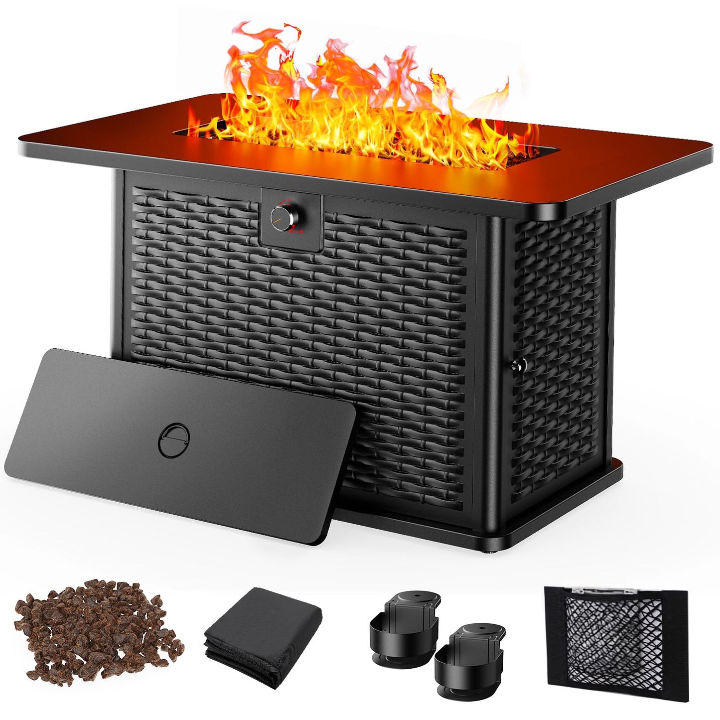 AMADA HOMEFURNISHING 43 Inch Propane Fire Pit Table, 60,000 BTU Gas Fire Pit with Lava Rocks, Waterproof Cover, Removable Lid, Cup Holders, 2-in-1 Fire Table for Patio, Backyard, Garden, Black