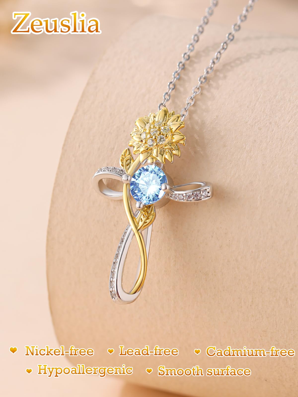 Cross Necklace for Women Sterling Silver Blue Topaz December Birthstone Necklace Sunflower Cross Pendant Jewelry Catholic Christian Religious Valentines Day Birthday Gifts for Wife Her Mom Mother