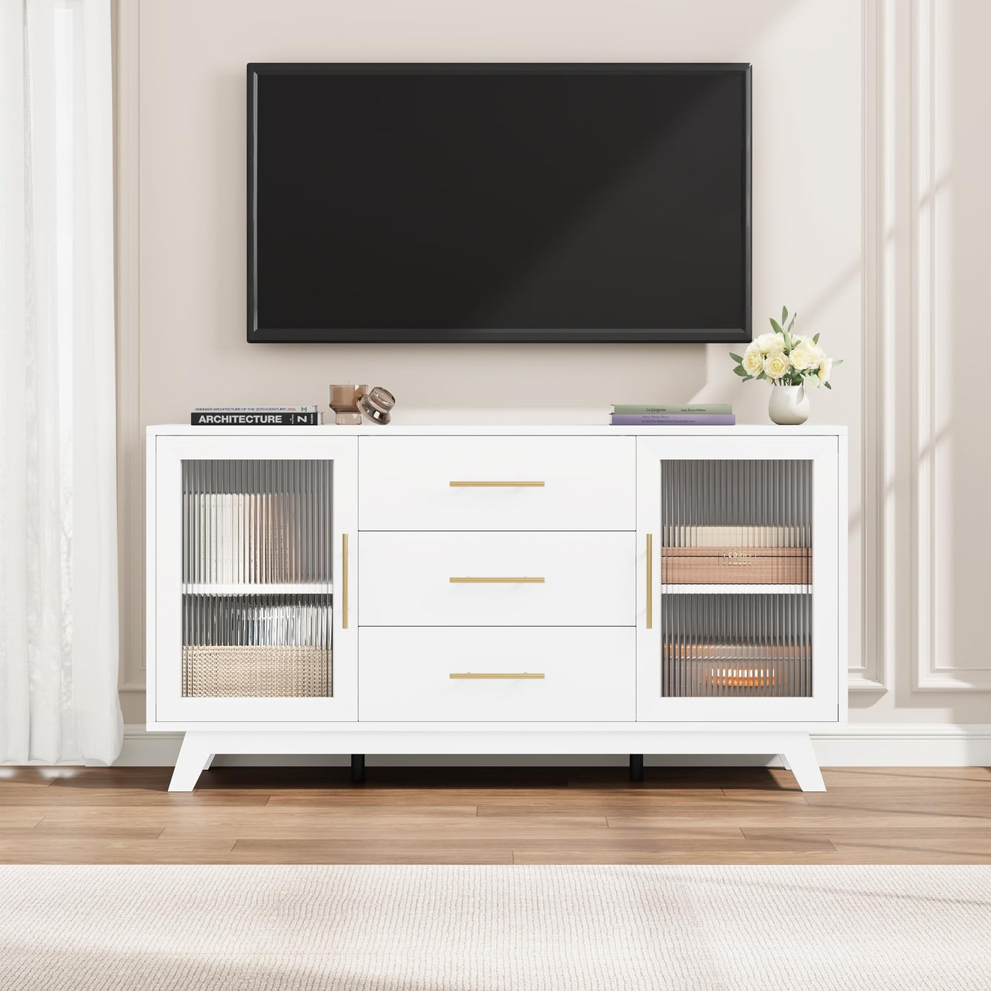 GAOMON Sideboard Buffet Cabinet with 2 Fluted Glass Doors, 56" Modern Coffee Bar Cabinet with 3 Large Drawers, White Long Storage Cabinet for Kitchen Dining Living Room, White Top