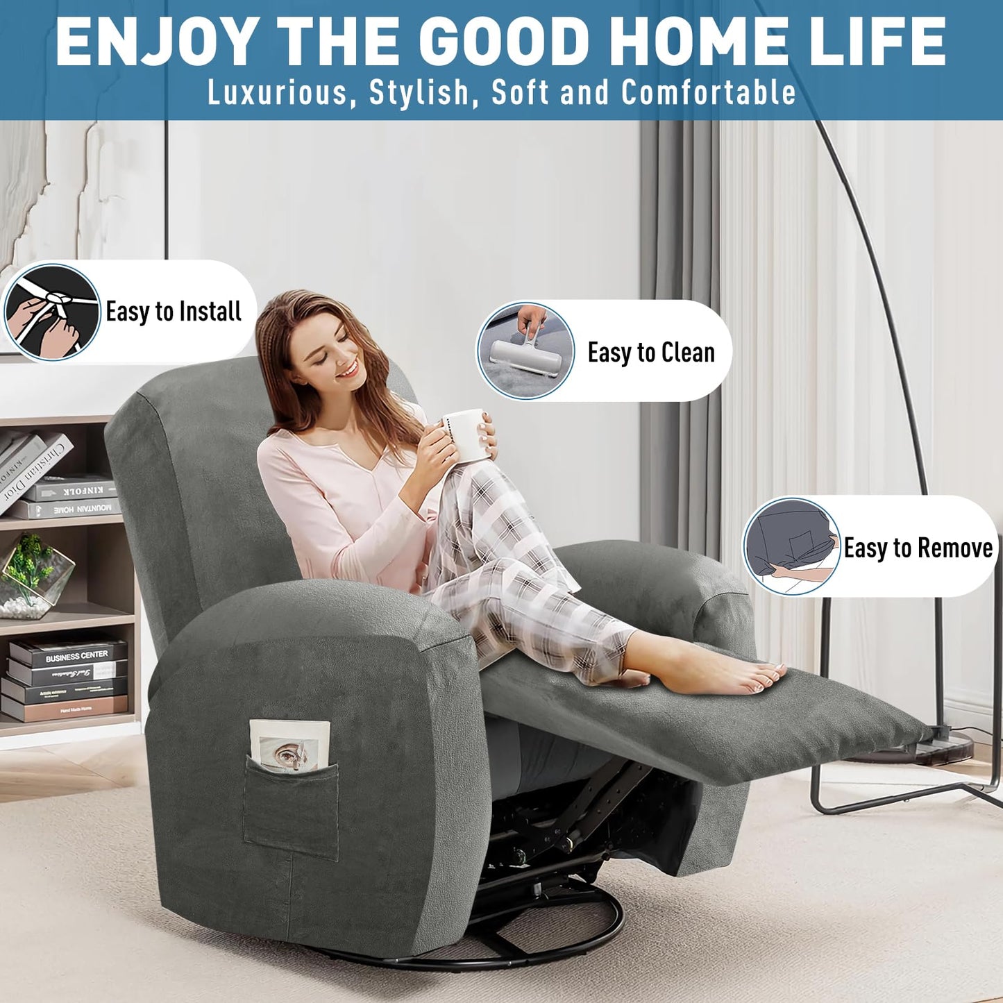 ZNSAYOTX 2025 Velvet Oversized Recliner Cover 3-Piece, Luxury Plush Recliner Chair Covers with Elastic Band & Ties Stay in Place, Stretch Reclining Slipcover for Lazy Boy Soft Washable (Grey)
