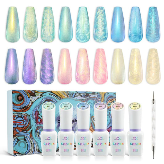 CHARMACY Pearl Gel Nail Polish Set - 6 Colors Shimmer Blue Pink Yellow Shell Gel, Aurora Shell Effect, Mermaid Nails LED UV Soak Off