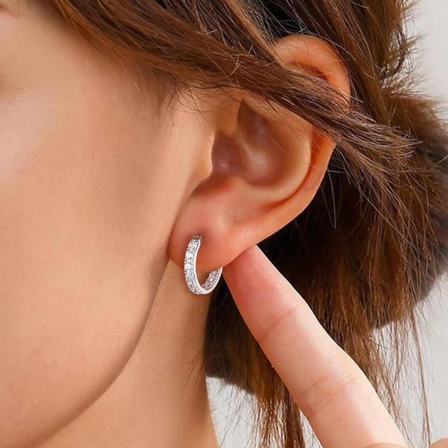 AGRULE 15mm Small Hoop Earrings with Cubic Zirconia Sterling Silver White Gold Plated Hypoallergenic Clip Top Hoops Created Diamond Hoop Earrings for Women