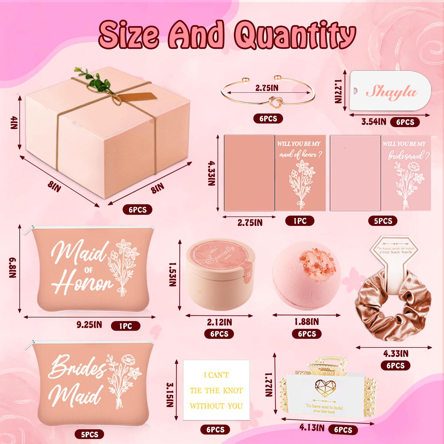 73pcs Bridesmaid Gifts Set Of 6 Pink，Maid of Honor Proposal Box Gift,Scented Candle Salt Ball Makeup Bag Rectangular Hair Clip Bridesmaids Scrunchies Knot Bracelet Bridal Shower Wedding Party