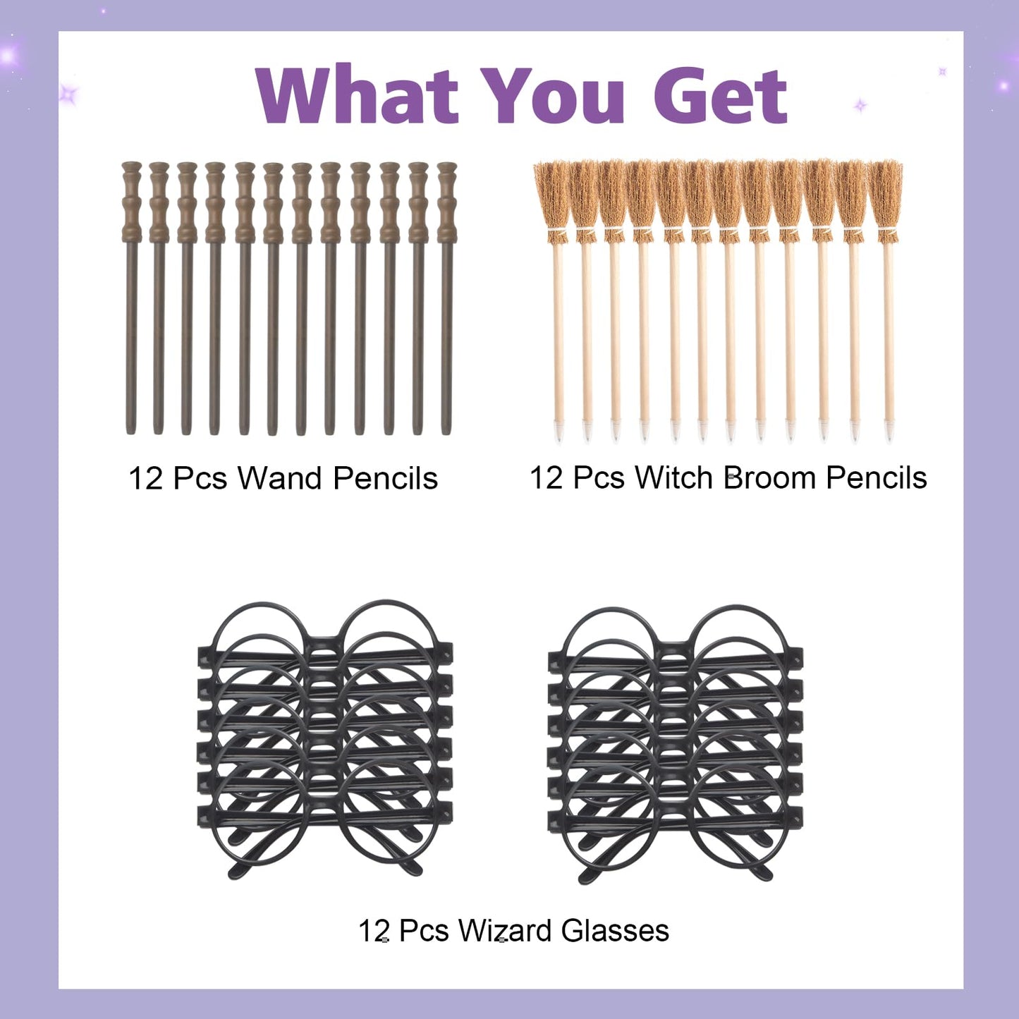 Col-Pary Party Supplies Kit -Black Round Glasses with Round Frame No Lenses, Broom Pencil, Wand Pencil for School Birthday, Halloween,Cosplay Party Decor（Each of 12 pcs ）