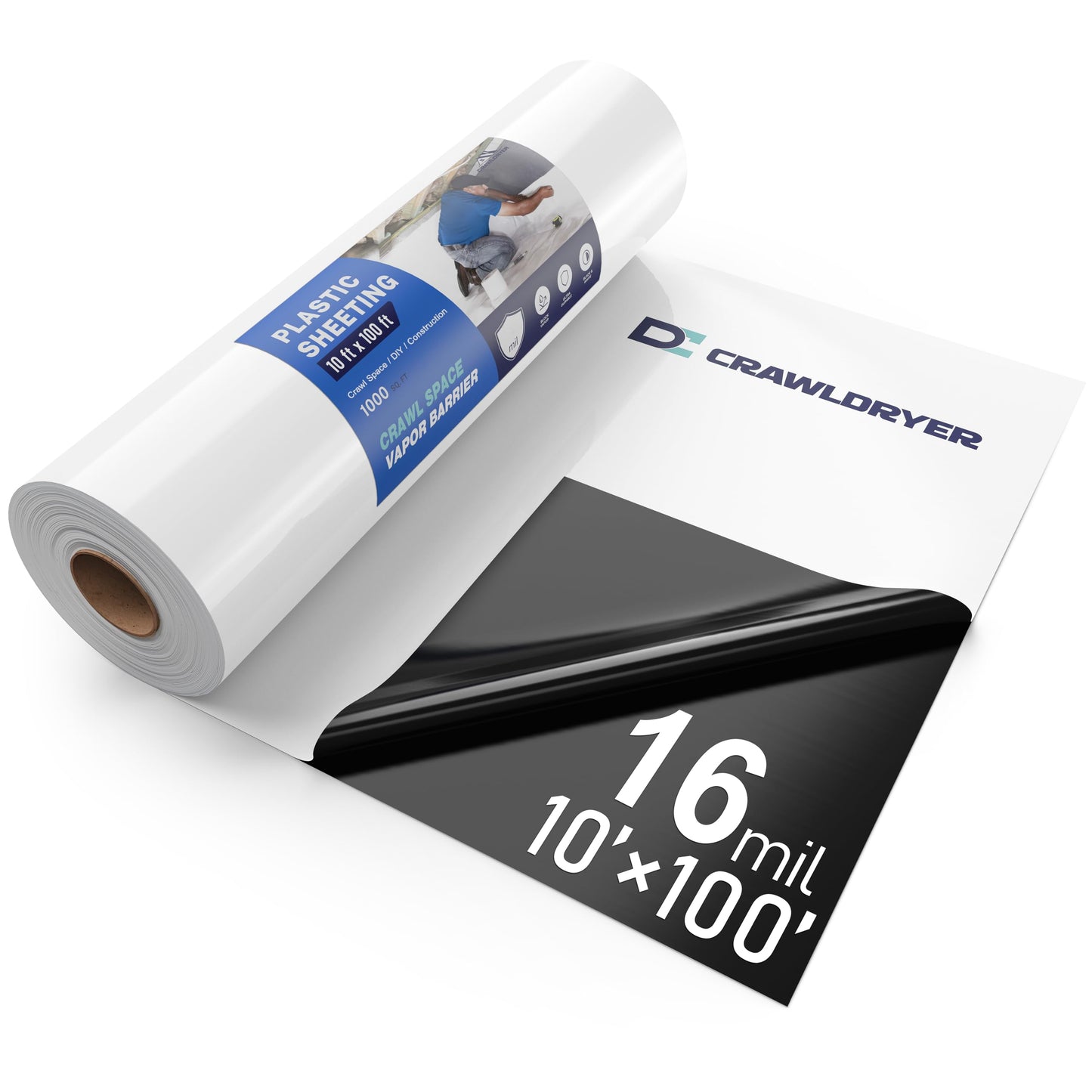 Crawl Space Vapor Barrier - 16 mil 10' x 100', Concrete Vapor Barrier, Vapor Barrier for Crawlspace Encapsulation kit, Crawlspace Liner, Roll of Heavy Duty Plastic sheeting, Black and White Panda Film