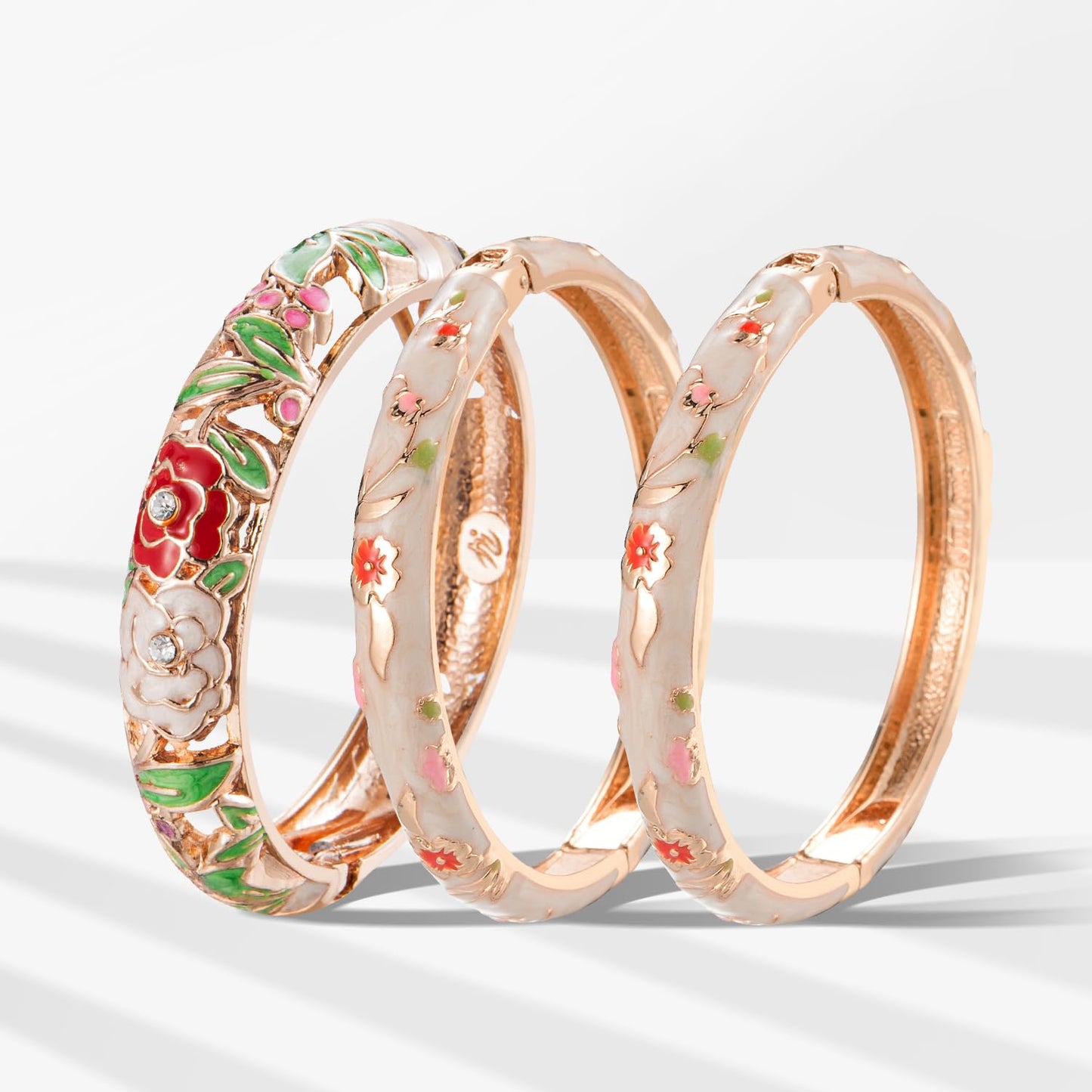 UJOY Women Cloisonne Bracelet Multi-Colors Gold Plated Rhinestone Flower Hollowed Enameled Hinged Cuff Bangles Jewelry Gift 88A10-3PCS Cream White