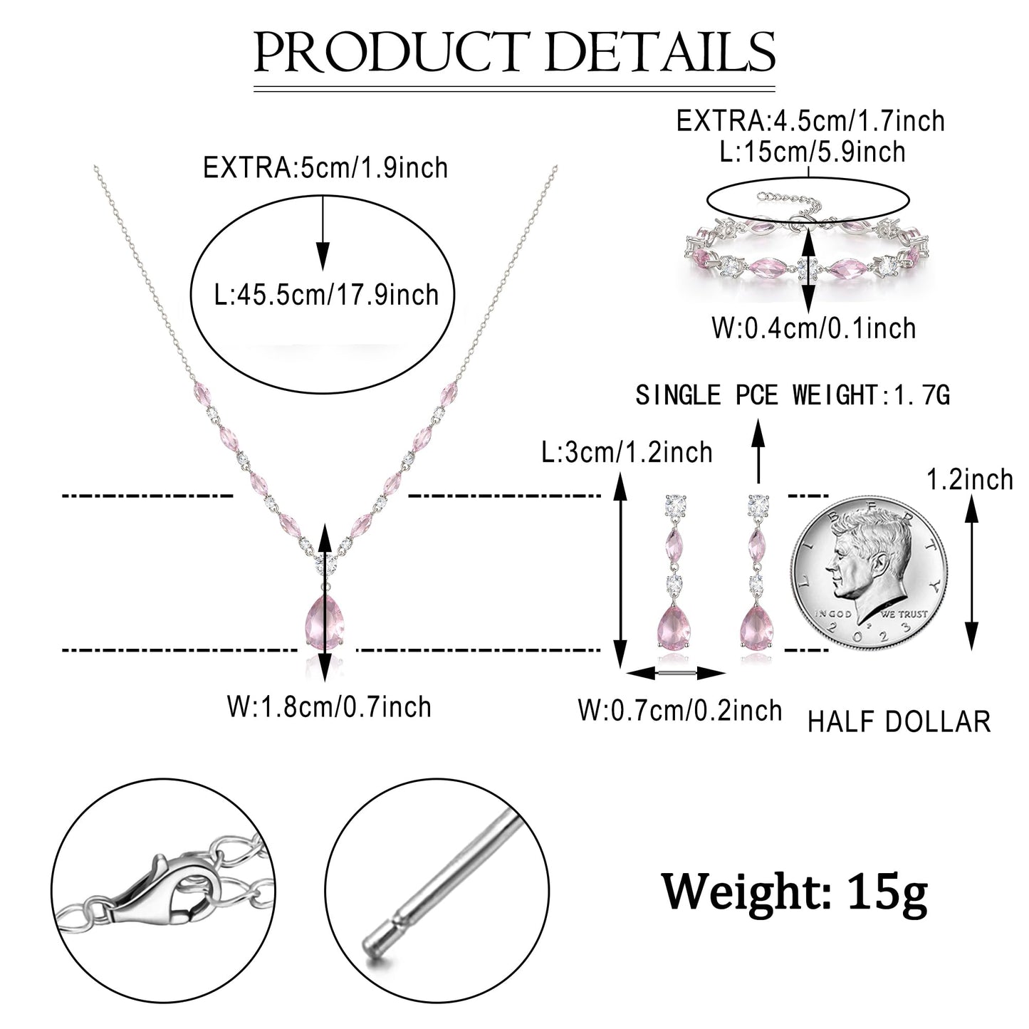 EVER FAITH Pink Cubic Zirconia Costume Party Jewelry for Women, Sparkly CZ Elegant Teardrop Wedding Necklace Dangle Earrings Bracelet Set for Bridesmaid