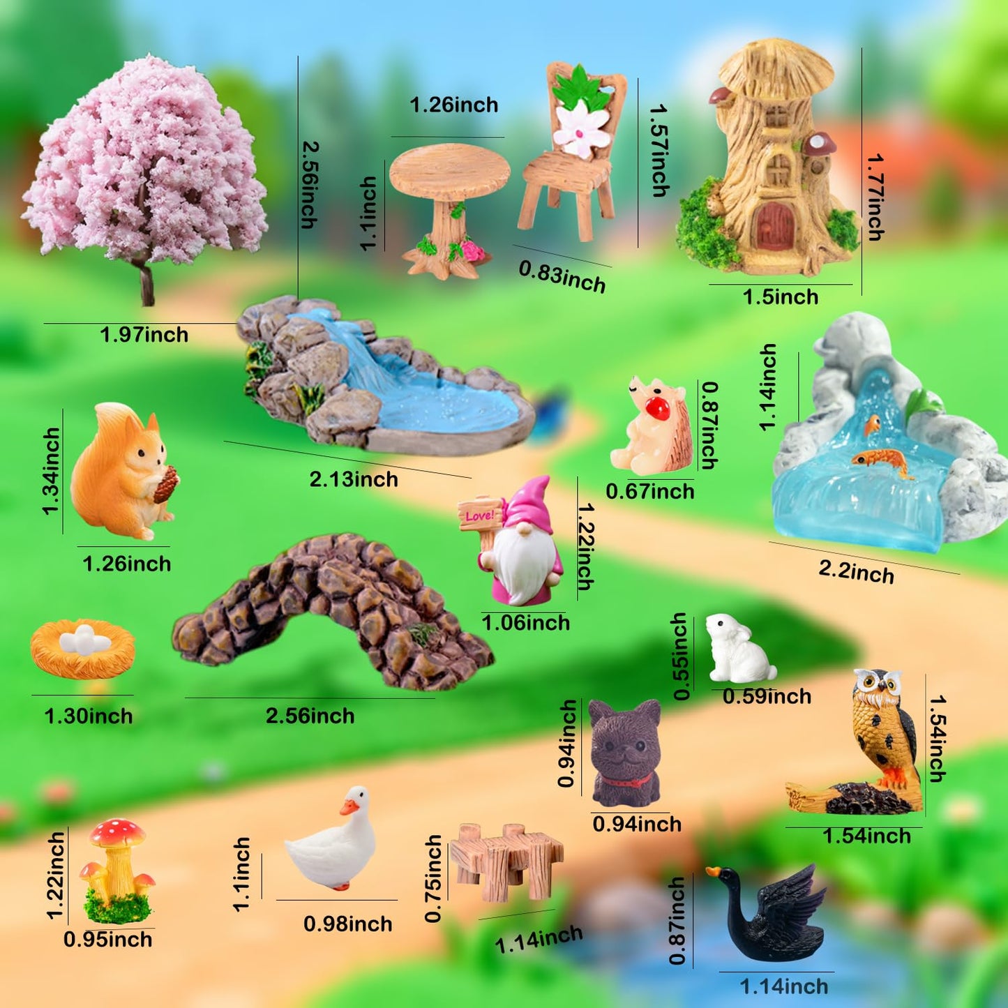 U-Zimikee 100 Pcs Mini Fairy Garden Accessories - Miniature Landscape Decorations with Bridge Pond House Gnome Figurines Mini Resin Animals Miniature Garden Figures Bulk for Dollhouse Garden Craft