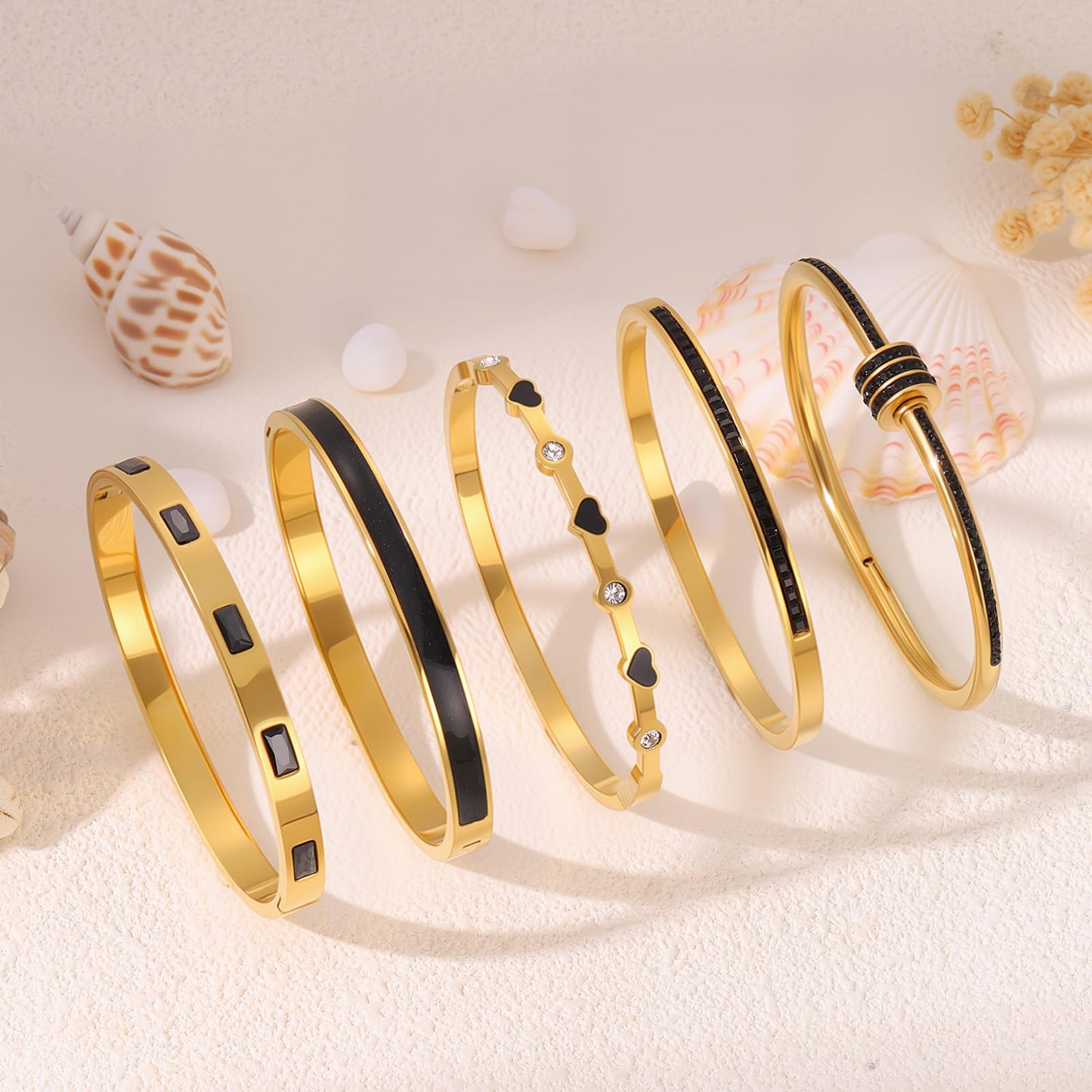 Camhanno 18K Gold Plated Stainless Steel 5-Piece Gold Bangle Bracelet Set for Women - Pink Crystal Friendship & Love Heart Design, Stackable Bangles Jewelry - Ideal Birthday Gift for Women (Black)