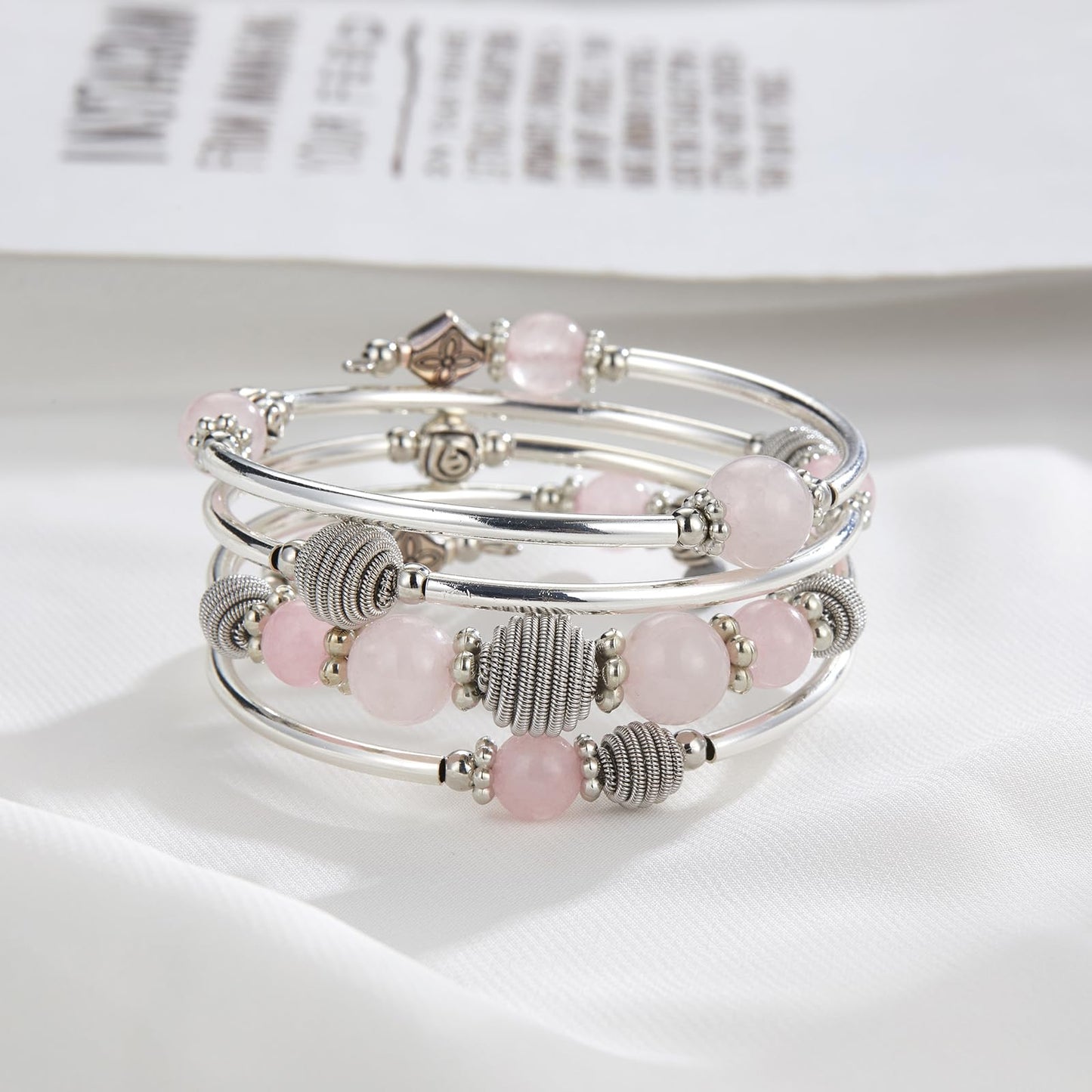 PEARL&CLUB Beaded Chakra Bangle Turquoise Bracelet - Fashion Jewelry Wrap Bracelet with Thick Silver Metal and Mala Beads, Birthday Gifts For Women(Pink crystal)