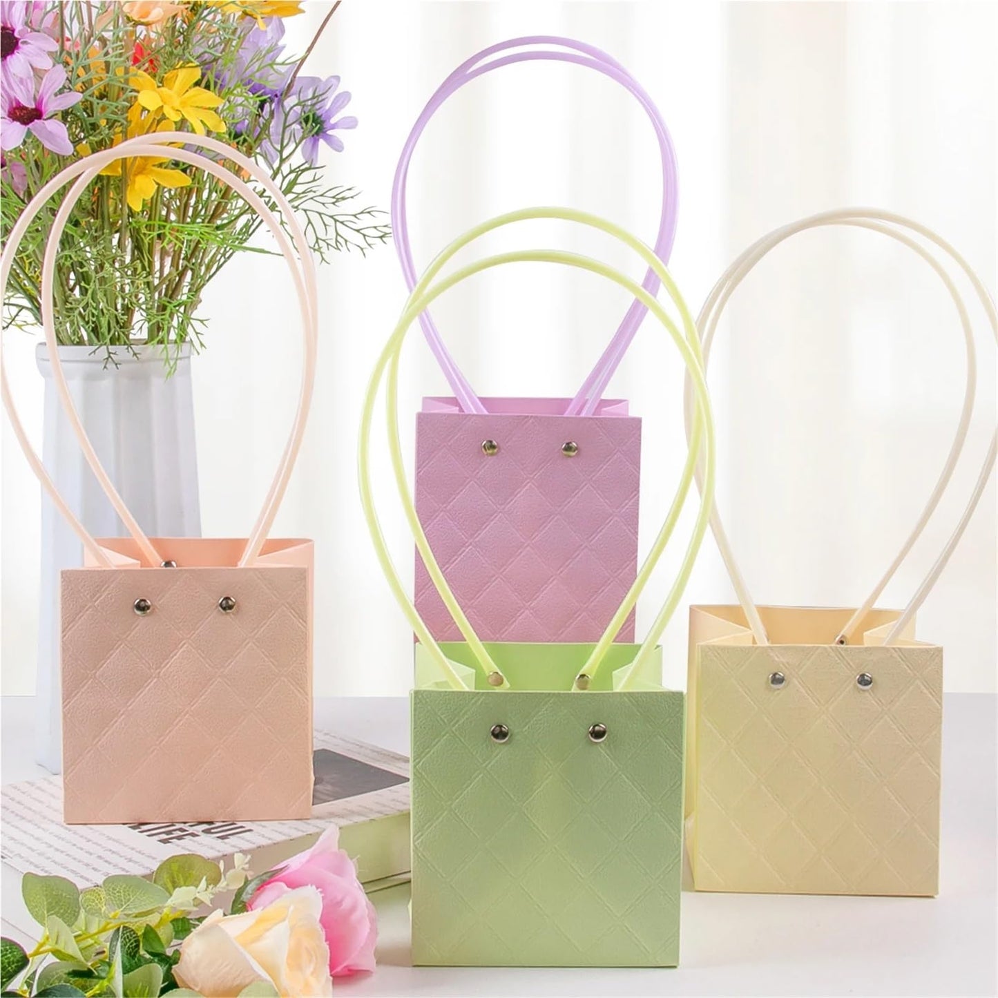 Nikeg Kraft Paper Flower Gift Bags 15Pcs Paper Flower Gift Bag With Handle Rectangle Tote For Wedding Party Birthday Portable Bags Florist Wrap(Flower box style-A)