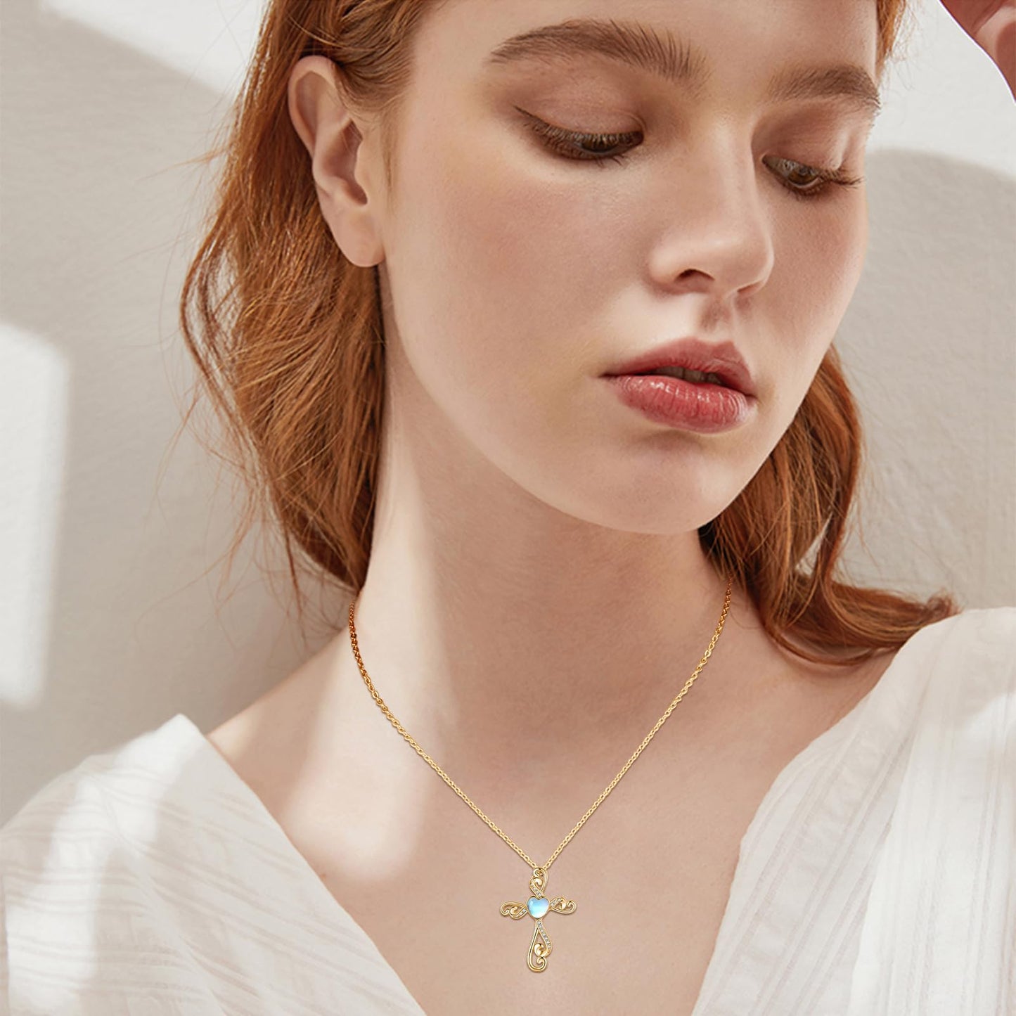 Twoowl 14K Gold Plated Cross Necklace 925 Sterling Silver Moonstone Christian Pendant Religious Cross Jewelry Gifts for Mom Women