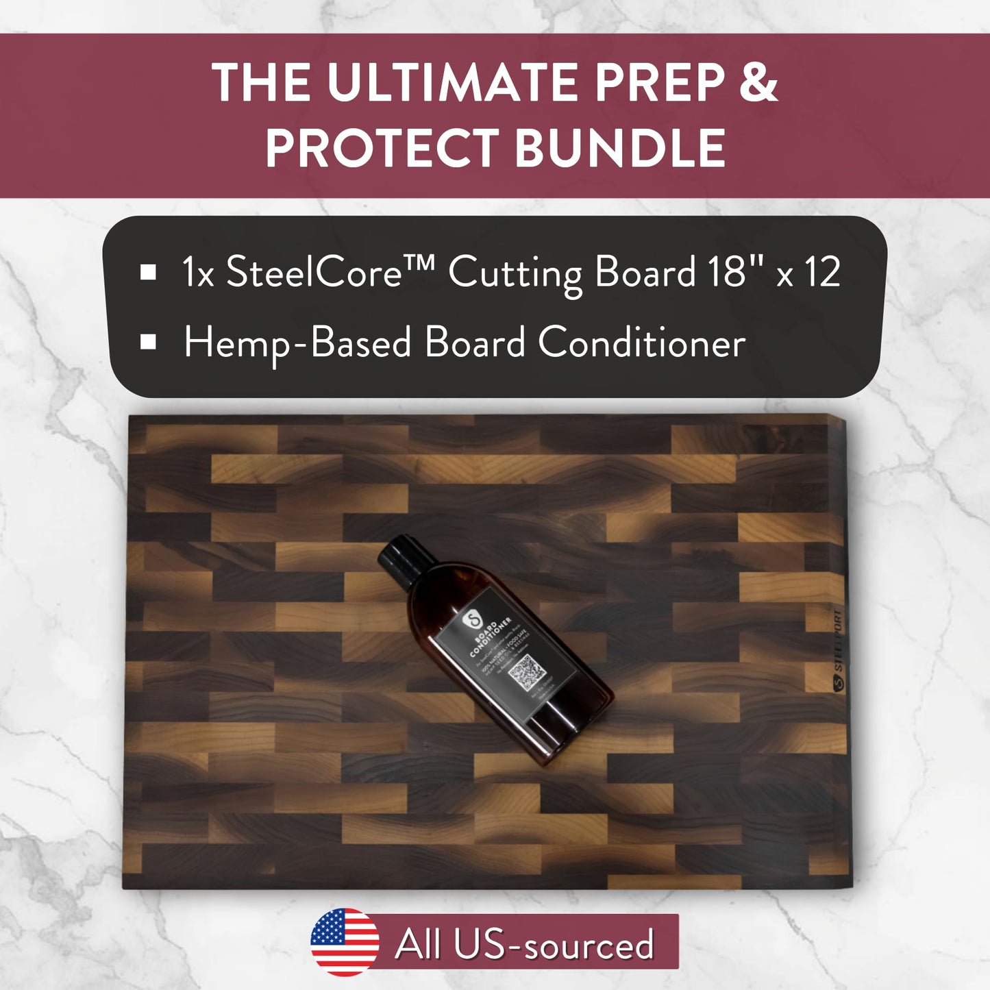 18” x 12” Walnut Cutting Board + Oil Conditioner (8 oz) Bundle | SteelCore™ Reinforced End-Grain Butcher Block with Dual Surface & Hemp Oil Wood Care | Made in USA