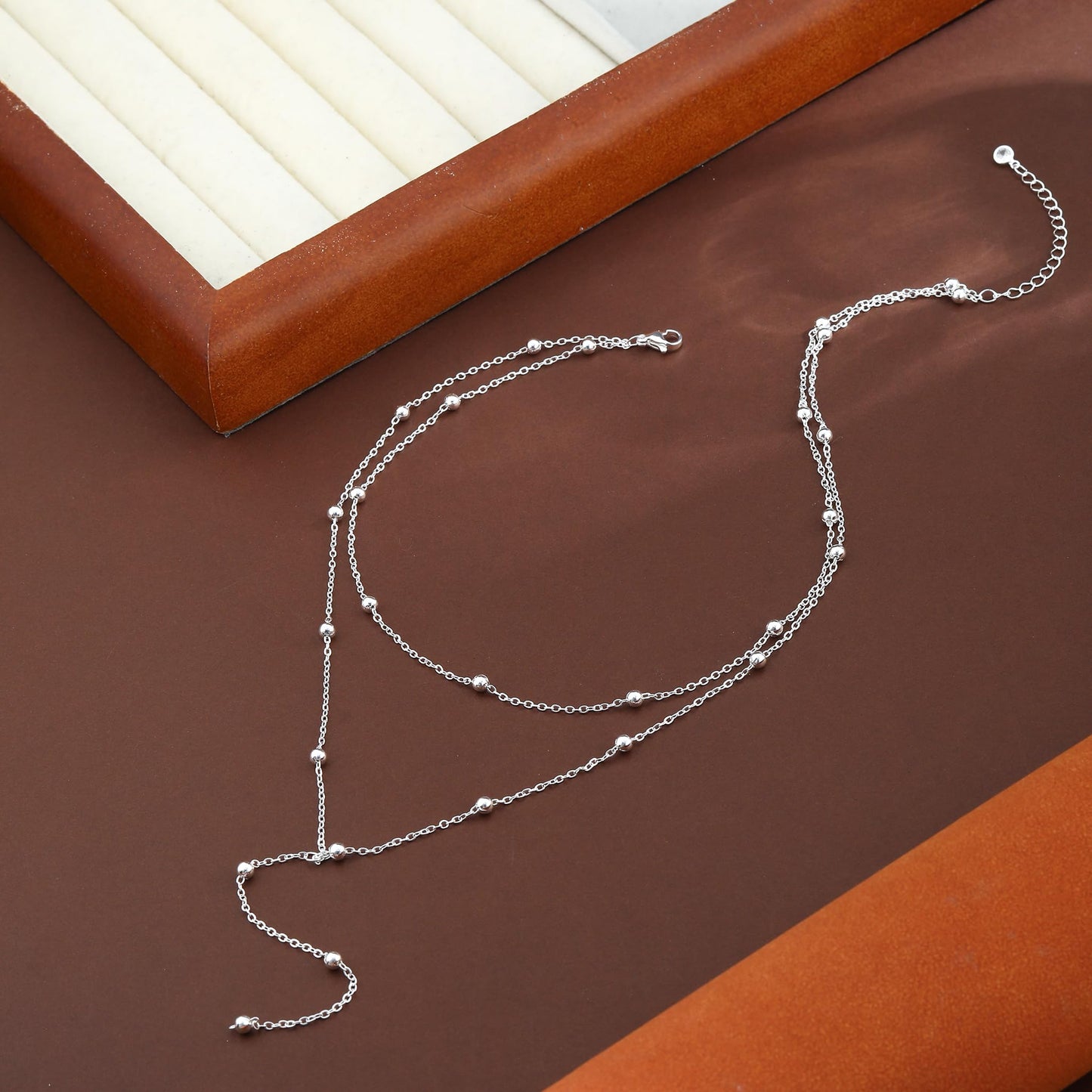 JIKASI Lariat Silver Necklaces for Women Trendy Dainty Long Necklace Sterling Silver Plated Drop Rosary Beaded Chain Necklaces Y Layered Pendant Necklace Simple Gold Statement Jewelry Gifts