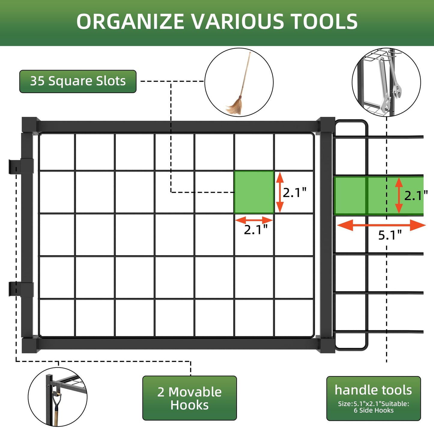 LAKEMID Garden Tool Organizer Stand with Wheels,Yard Tool Organizer for Garage with 2 Hooks, Rack Up to 42 Tools,Broom Holder & Garden Tool Rack for Shed, Patio, Outdoor Use