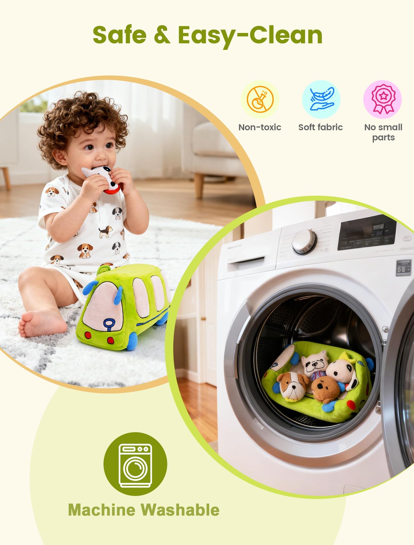 BizyKoady Baby Toys 6-12 Months - Sensory Toys Bus with Stuffed Puppies, Rattle, Crinkle Paper, Mirror & Squeaker, Montessori Toys for 6 Month Old Babies, Sensory Balls Toddlers 1-3