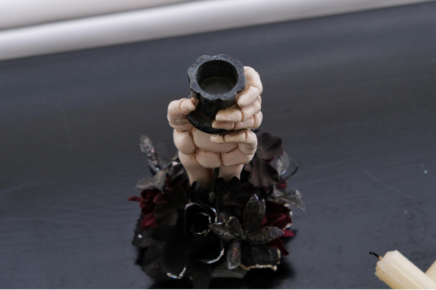 LushNook Halloween Candle Holder, Resin Skeleton Hand Candlestick with Black Faux Flower, Halloween Decor for Home Table, 7" Height"