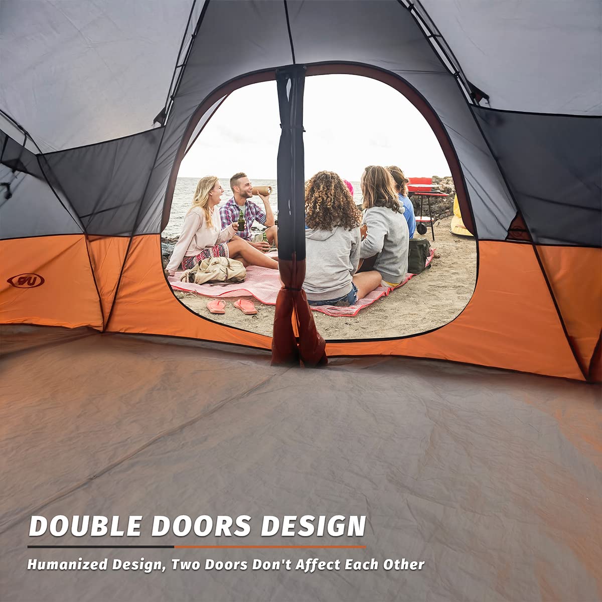 UNP Camping Tent 10-Person-Family Tents, Big, Easy Up, 5 Large Mesh Windows, Double Layer, 2 Room, Waterproof, Weather Resistant, 18ft x 9ft x78in (Orange)