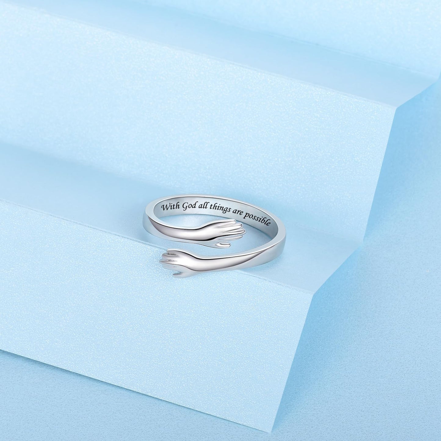 ACJFA S925 Sterling Silver Hug Ring for Women Adjustable Thumb Ring Birthday Gifts (With God all things are possible)