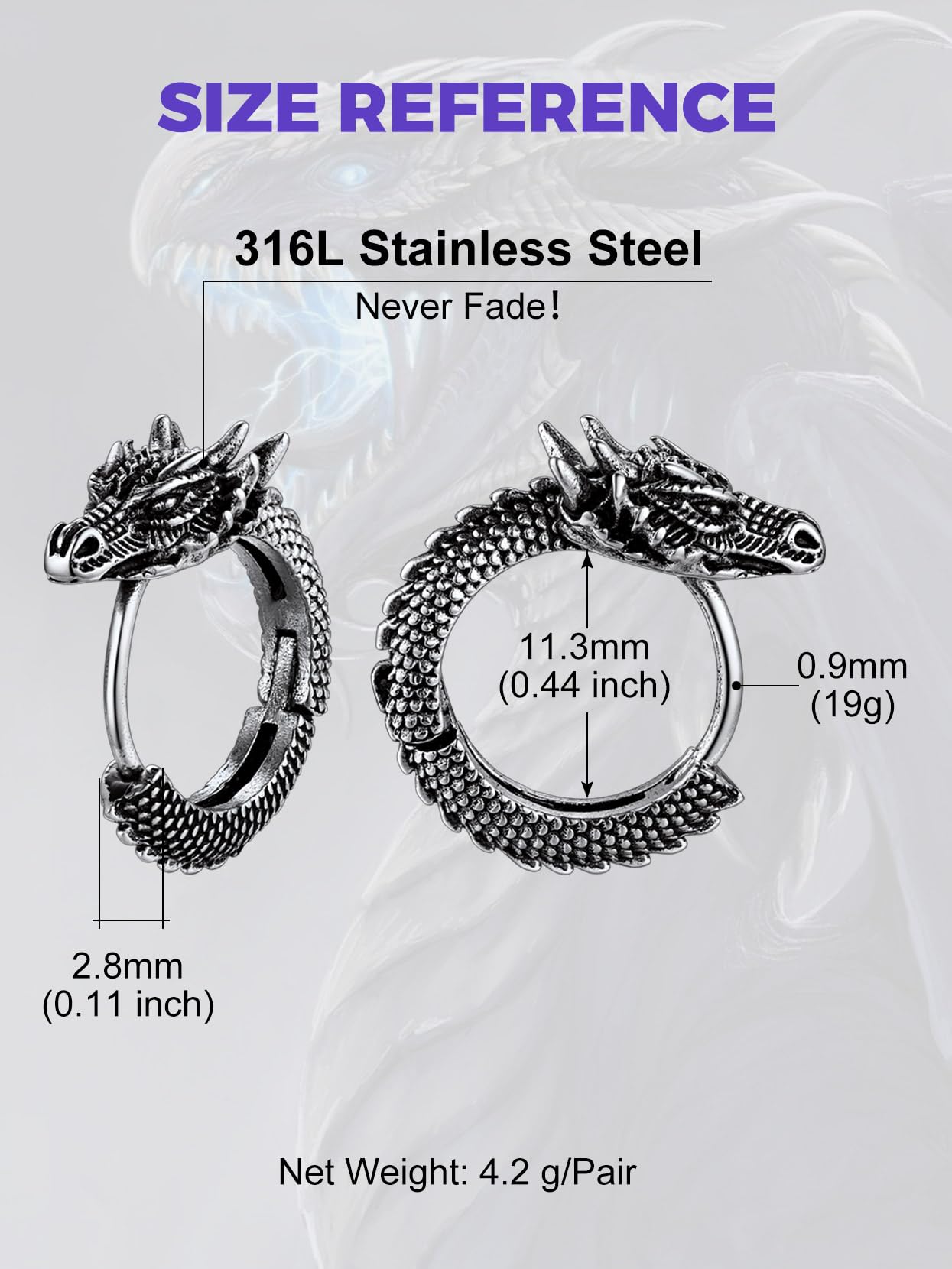 Richsteel Dragon Head Hoop Earrings - Stainless Steel Gothic Jewelry for Men & Women, Punk Rock Statement Earrings