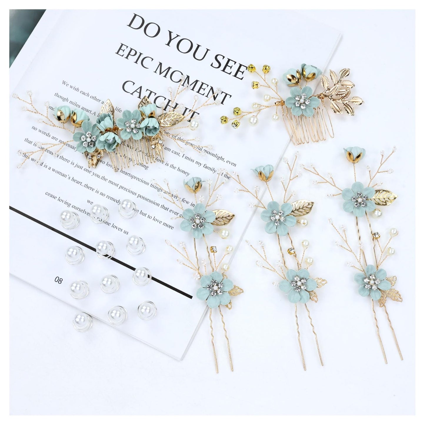 inSowni 20 Pieces Rhinestone Pearl Bridal Wedding Party Prom Light Green Flower Hair Side Combs Slides +U-shaped Floral Hair Pins+Twist Spiral Pearl Hairpins for Brides Bridesmaids Girls Women
