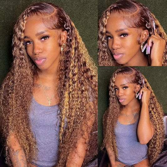Peenoll Highlight Dark Brown Chocolate P4/30 13X6 Human Hair Lace Frontal Wig Glueless Wigs Human Hair Pre Plucked Pre Cut Lace Frontal Glueless Wigs Elastic Band 200% Density, 16 Inch