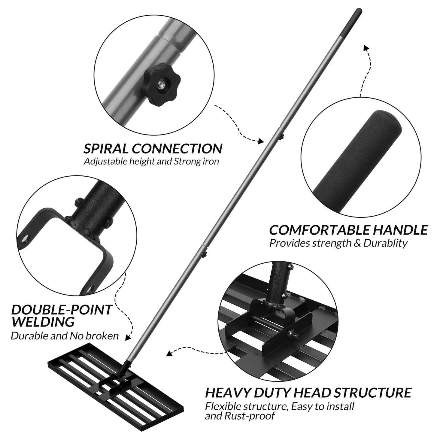 Walensee Lawn Leveling Rake, Levelawn Tool, Heavy Duty Effort Saving Lawn Level Tool, Steel Handle Lawn Leveler for Yard Garden Golf Course , Ease Level Soil Sand Dirt Surfaces, 7FT 30"x10"
