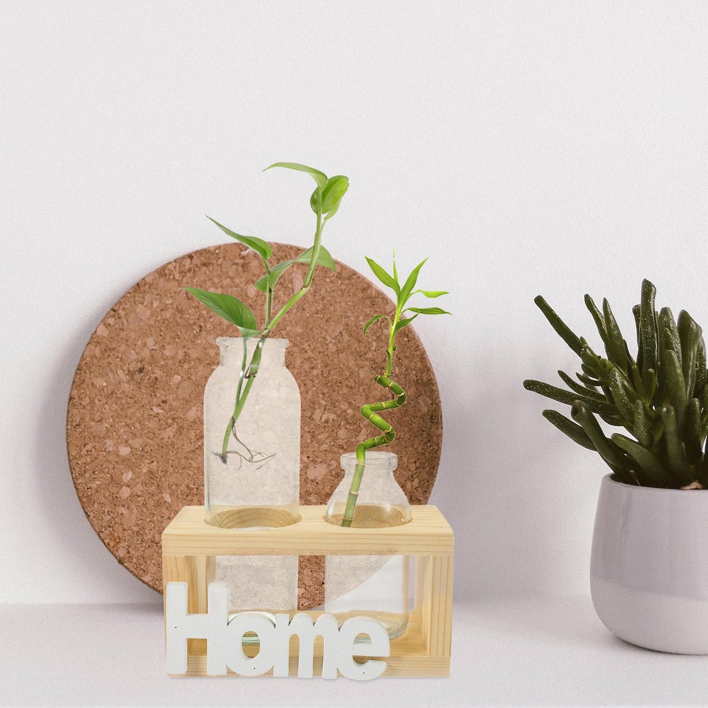 IMIKEYA Glass Hydroponic Plant Terrarium Vase with Wooden Stand, 2pcs Desktop Flower Planter for Home Décor and Indoor Plant Propagation