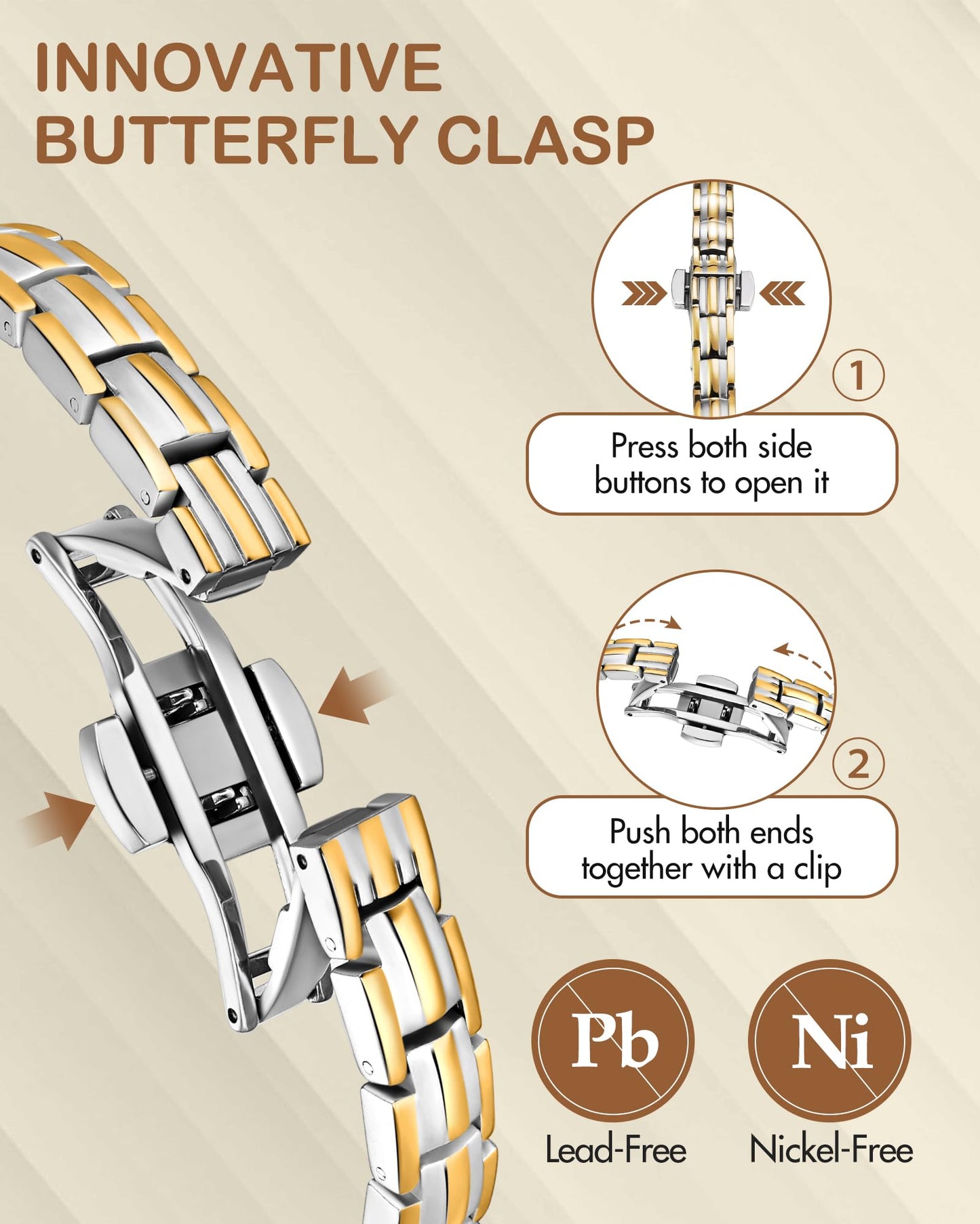Feraco 5X Strength Magnetic Bracelets for Women, Stainless Steel Magnet Bracelet with Ultra Powerful 5000 Gauss Magnets, Upgraded Butterfly Clasp, Adjustable Jewelry Gift (Silver & Gold)