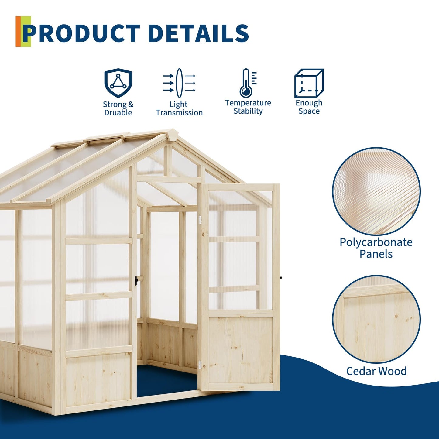 8x6 ft Wooden Greenhouse, Greenhouses for Outdoors with Lockable Door, Wood Frame & Adjustable Vent, Heavy Duty Greenhouse with Polycarbonate Panel for Outside, Garden, Yard, Light Brown
