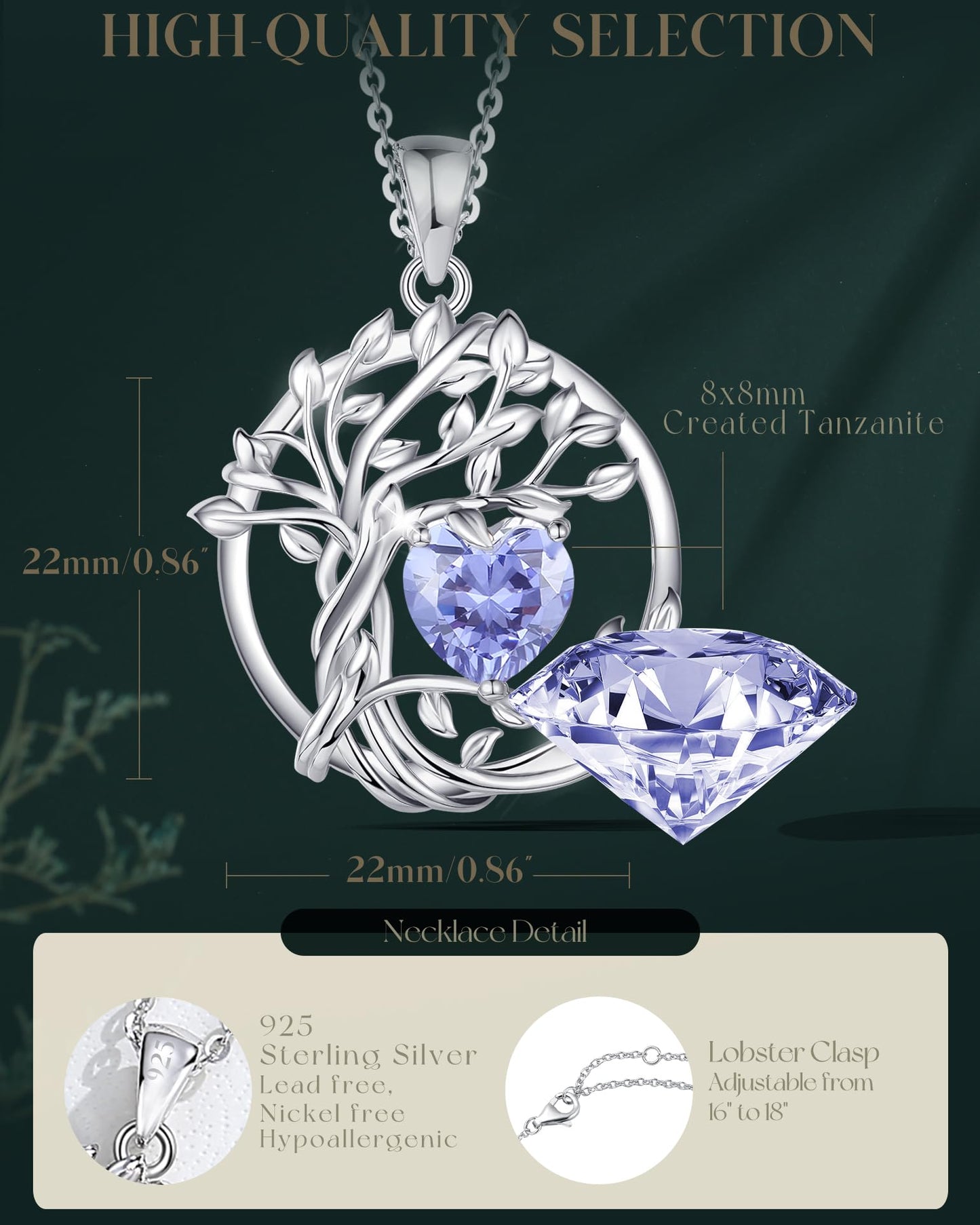 FANCIME Tree of life December Birthstone Necklace for Women Sterling Silver Tree Jewelry Created Tanzanite Pendant Gemstone Anniversary Birthday Mothers Day Gifts for Wife Mom Her