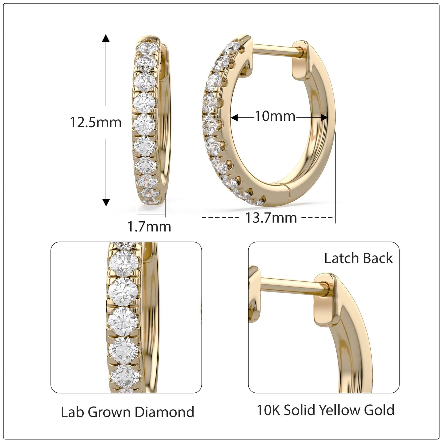 10MM Huggie Hoop Earrings for Women, 0.25 Carat (ctw) Round Natural Diamond Hoop Earrings in 10K Solid Yellow Gold Jewelry for Her