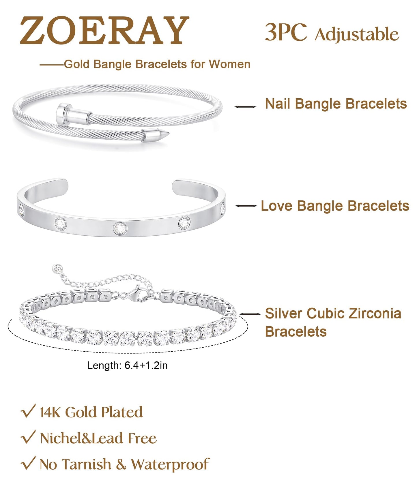 ZOERAY Silver Gold Bangle Bracelets for Women Non Tarnish 14k Gold Plated Stackable Cuff Bracelets for Women Trendy Cubic Zirconia Stainless Steel Chunky Bracelet Stack Set Waterproof Jewelry Gifts