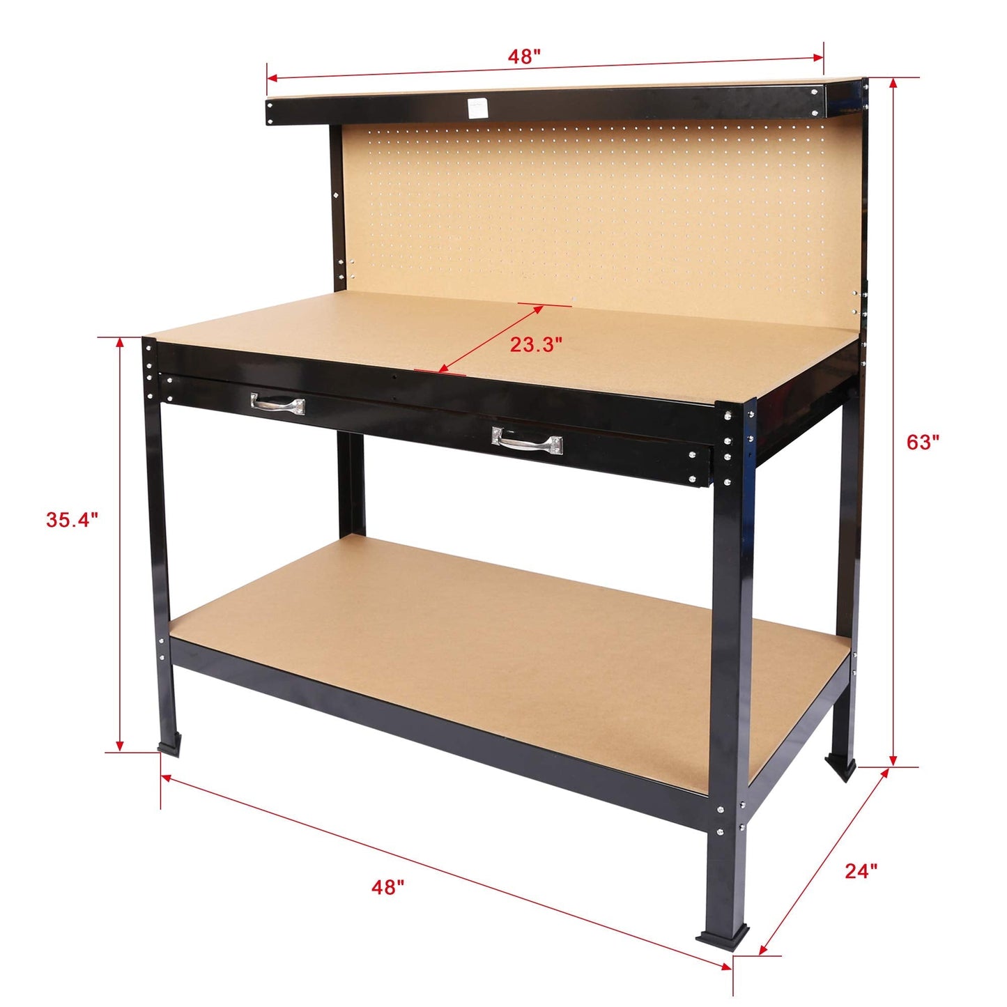 63" Steel Workbench Tool Storage - Heavy-Duty Workshop Table with Drawer, Peg Board - Durable, 300lbs Capacity, Waterproof, Rust-Resistant - Ideal for Garage, Office, Commercial or Home Use