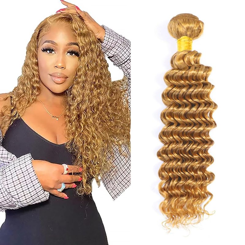 Deep Wave Human Hair Bundles Blonde 26 Inch Deep Single Bundle #27 Honey Blonde Human Hair Unprocessed Native Virgin Hair 100g Total Double Weft Crochet Human Hair Extensions for Women